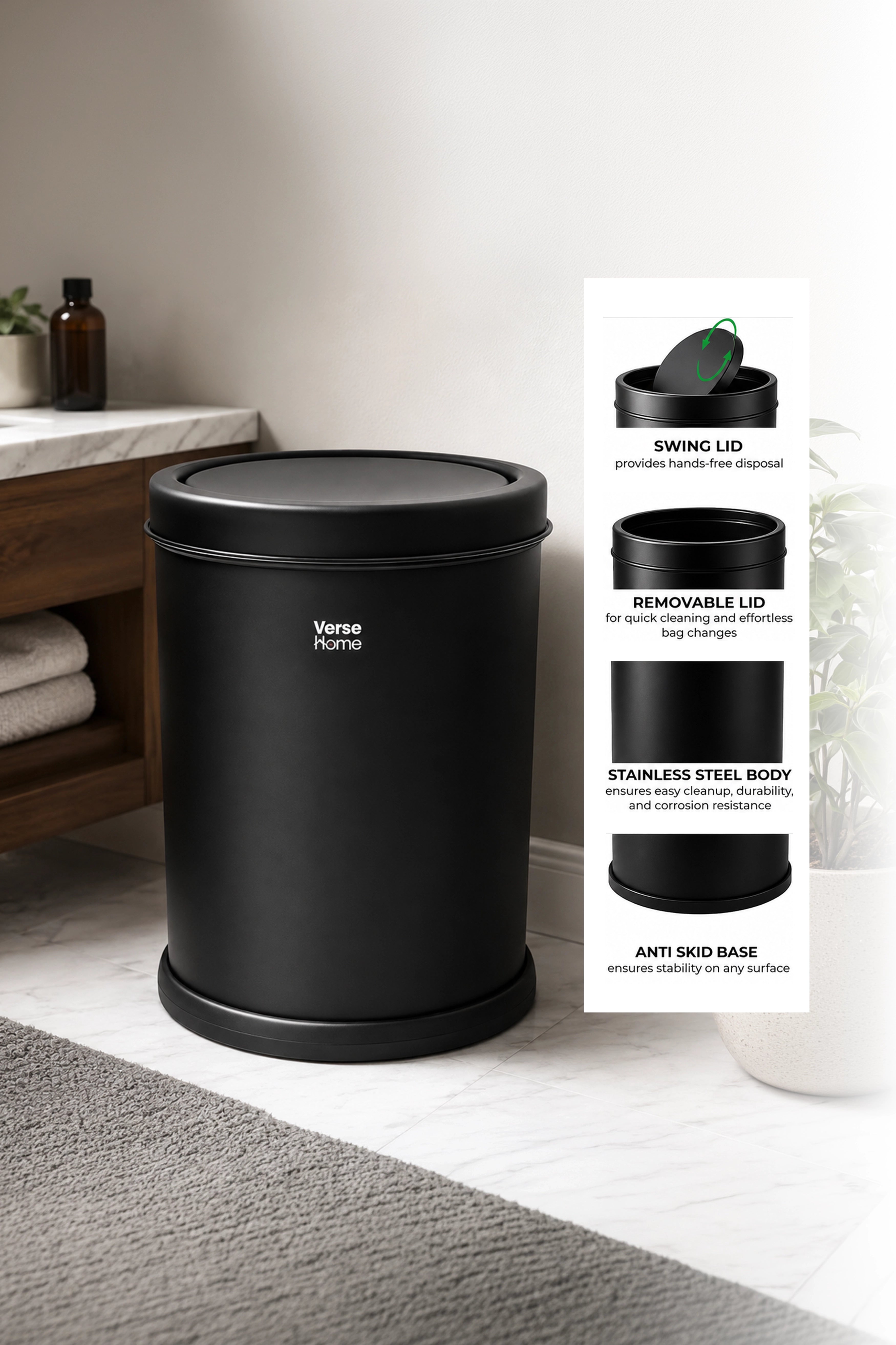 Black SS Swing Bin 10L